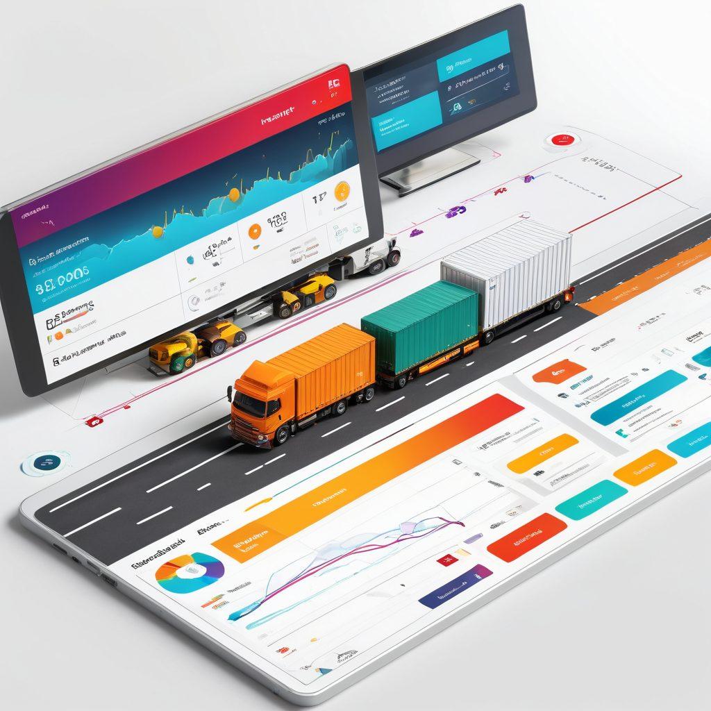 A dynamic freight board interface glowing with vibrant buttons and notifications, surrounded by energetic visuals of trucks and cargo moving efficiently. Add stylized graphs showing performance metrics and enhancing collaboration among team members in a modern workspace. The scene conveys a sense of speed, efficiency, and teamwork. sleek and modern design, super-realistic. vibrant colors. white background.