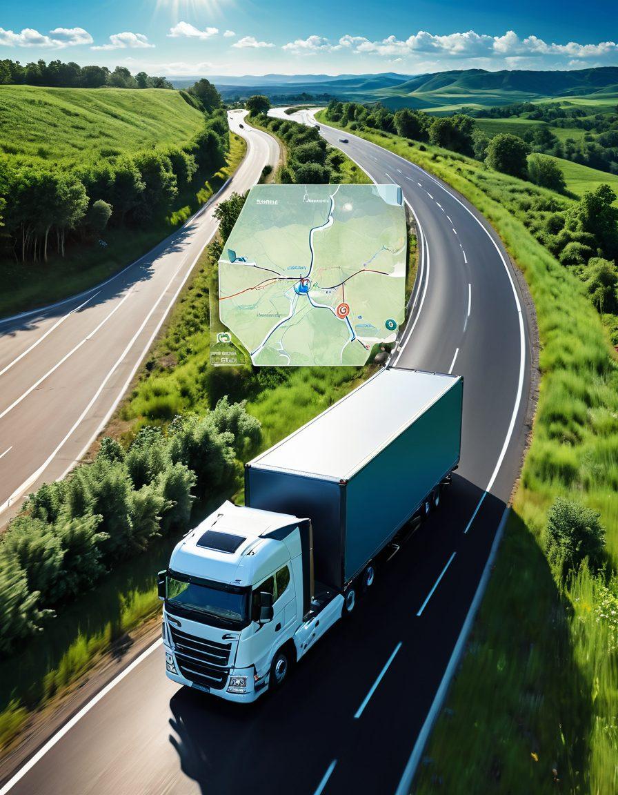A dynamic scene showcasing a modern truck driving along an open highway, surrounded by lush green landscapes and blue skies. Highlight the truck's advanced technology with digital overlays of transportation networks and connectivity icons. Include diverse individuals collaborating in a workspace with maps and transportation plans in the foreground. Emphasize themes of empowerment and innovation in logistics. super-realistic. vibrant colors. 3D.