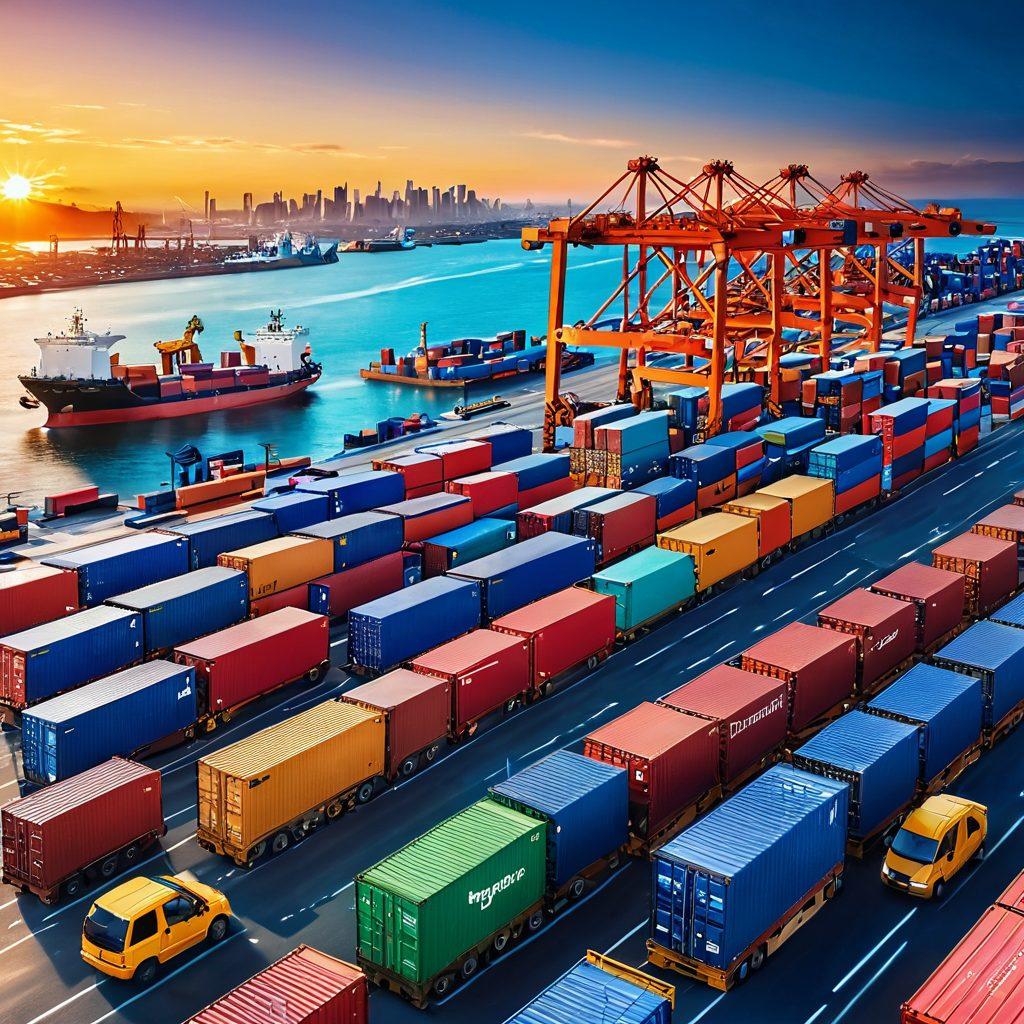 A dynamic scene depicting a bustling shipping logistics hub, showcasing colorful containers being loaded onto modern trucks and ships. Workers collaborate efficiently, symbolizing seamless communication and teamwork. The background features advanced technology like digital displays and drones for swift transportation. Include vibrant colors to reflect innovation and energy. super-realistic. vibrant colors.